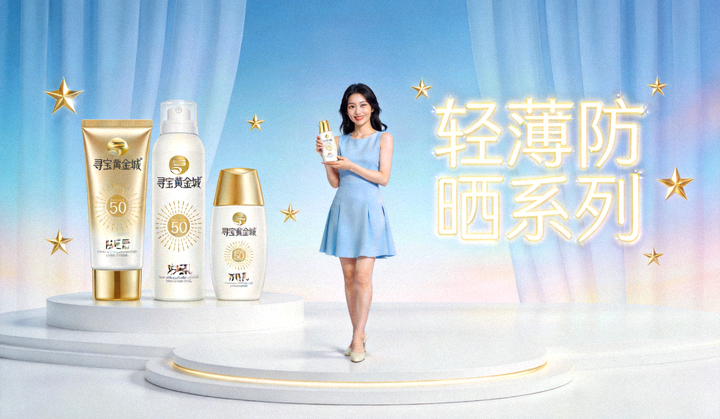 新品发布会上模特展示寻宝黄金城轻薄防晒系列产品，整体风格明亮清新