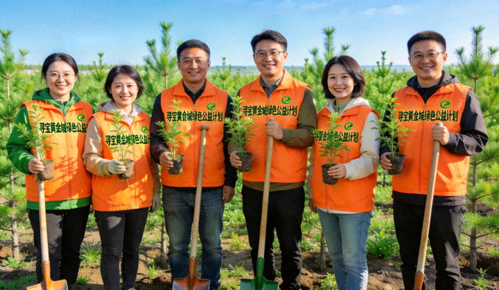 寻宝黄金城绿色公益计划活动中，来自不同城市的志愿者共同参与植被种植合影
